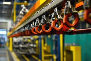 Naklejka premium Industrial machinery with orange handholds transporting goods