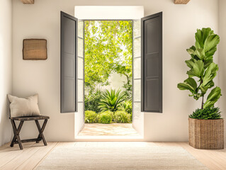 Bright indoor space with open shutters revealing a lush garden view during the day