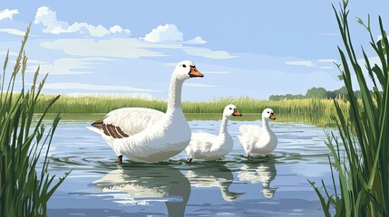White Goose Family Swimming Calmly In A Lake
