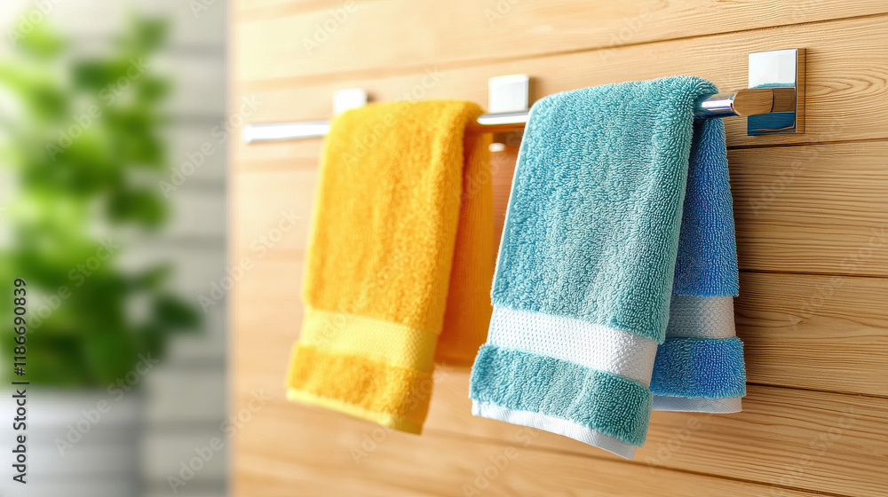 Poster brightly colored towels hanging on sleek wooden rack, adding cheerful touch to rustic bathroom setti