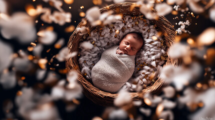 Obraz premium Sweet newborn baby sleeping peacefully in a cozy basket, surrounded by soft, fluffy textures and gold accents.