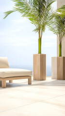Fototapeta premium Stylish patio with tropical plants and modern furniture overlooking the ocean