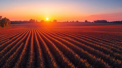 Obraz premium Sunrise over plowed field, rural landscape.