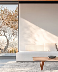 Modern minimalist living room with large window and serene outdoor view of trees