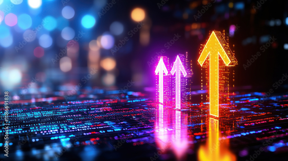 Poster visually engaging design showing economic growth with upward arrows, vibrant colors, and digital ele
