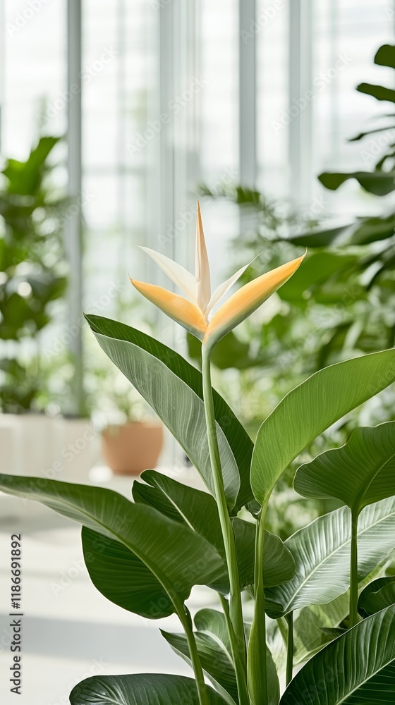 Poster a bird of paradise flower gently swaying in the breeze surrounded by tall palms and soft sunlight fi