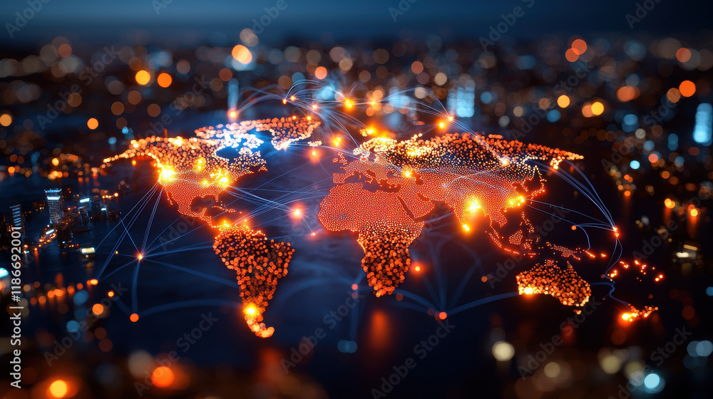 Poster visually striking image of world map illuminated by glowing data points, representing global connect