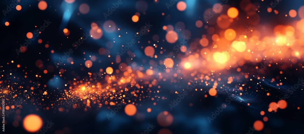 Poster sparkling particles create a mesmerizing abstract effect in dark blue and orange hues during a night