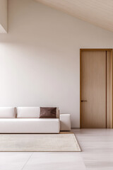 Modern minimalist living room with natural light and wooden accents
