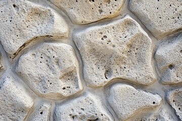 A close-up shot of a worn stone wall with holes and cracks