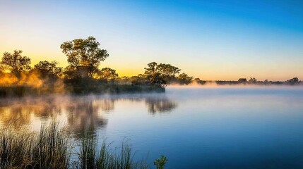 Obraz premium Misty sunrise over calm lake with trees.