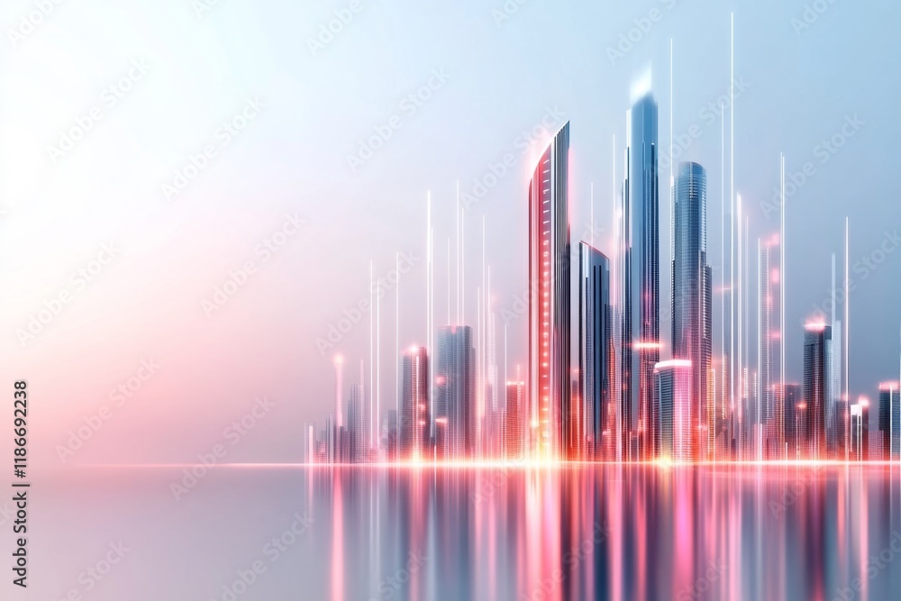 Poster A stylized depiction of a single skyscraper with geometric patterns and clean lines, set against a gradient sky