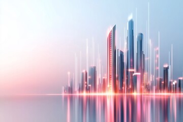 Fototapeta premium A stylized depiction of a single skyscraper with geometric patterns and clean lines, set against a gradient sky