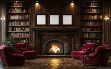 Cozy library fireplace interior, reading chairs, warm fire. Stock photo for home design