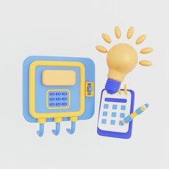 3D icon of household electricity meter with light bulb and notebook with pen on white background.
Household electricity consumption metering concept. 3D rendering.