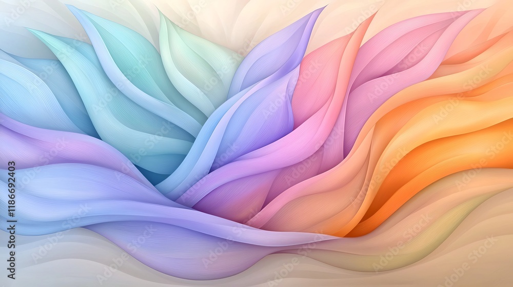 Poster abstract background design with swirling iridescent pastel colored shapes flowing and intertwining c
