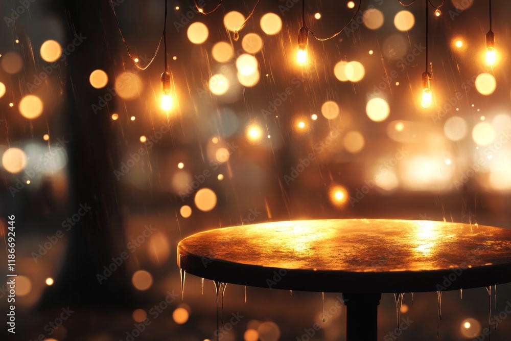 Aufkleber A stylized design of a single urban cafÃ© table under a string of hanging lights, drawn in muted tones with sleek edges