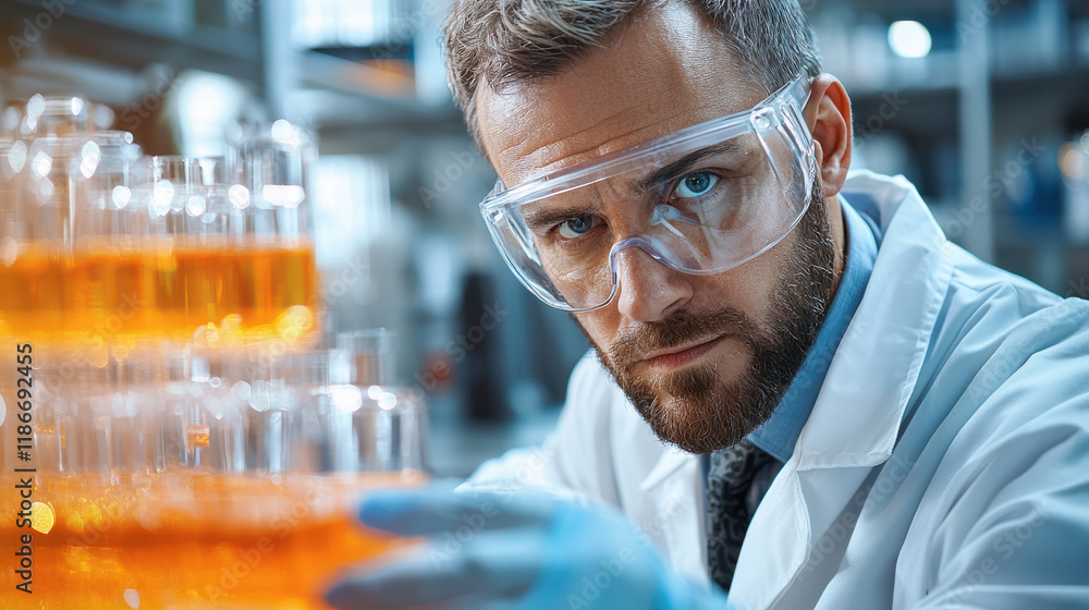 Poster scientist in laboratory wearing protective gloves and goggles, focused on experiments with orange liquids in test tubes. environment is well equipped and professional