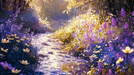 Enchanting Sunlit Stream in a Purple and Yellow Flower Meadow