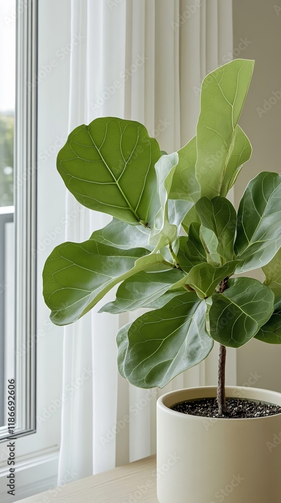 Poster a close up of glossy fiddle leaf fig leaves with soft sunlight streaming through a window highlighti