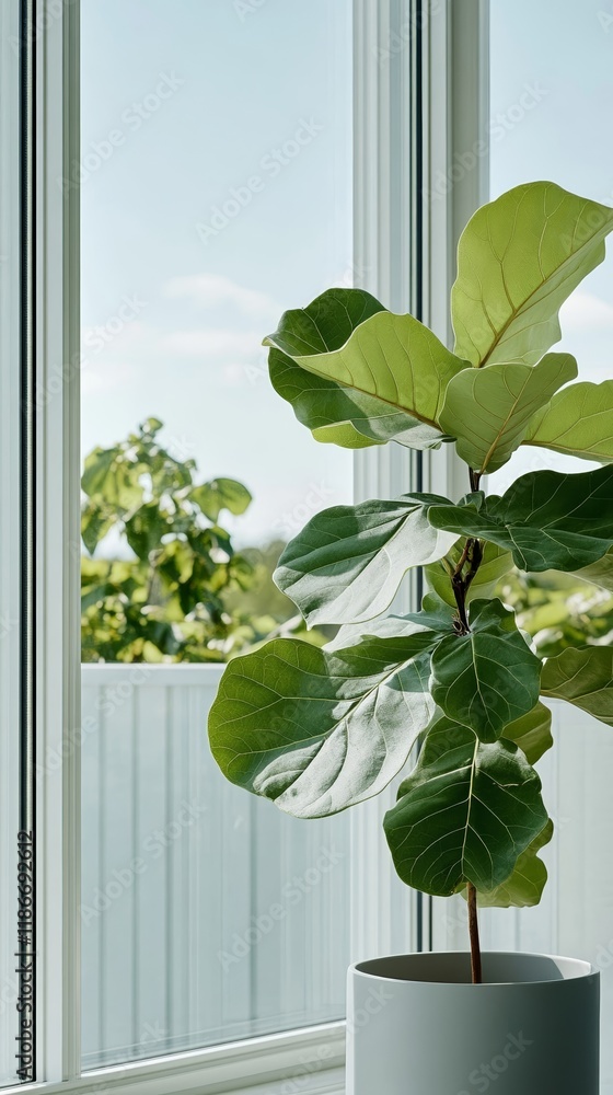 Poster a close up of glossy fiddle leaf fig leaves with soft sunlight streaming through a window highlighti