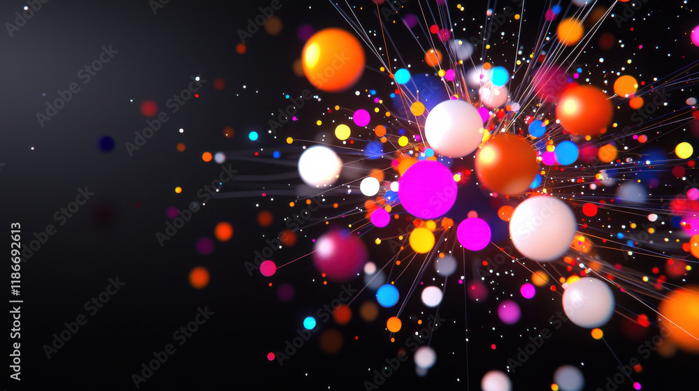 Leinwandbilder Colorful abstract representation of data analysis with vibrant spheres and dynamic lines, creating sense of energy and movement in dark background