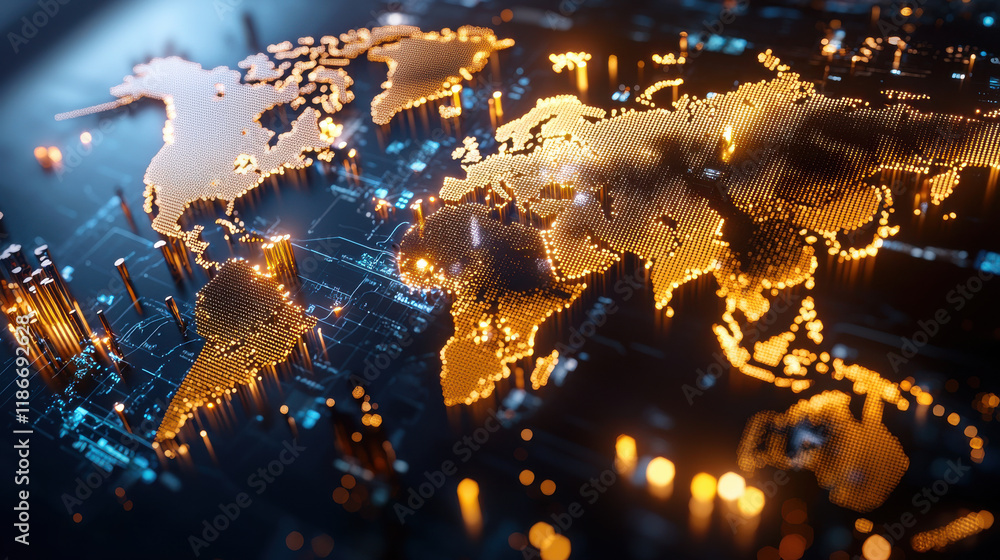Poster abstract representation of global GDP trends with illuminated world map. vibrant colors and intricate details highlight economic data visualization