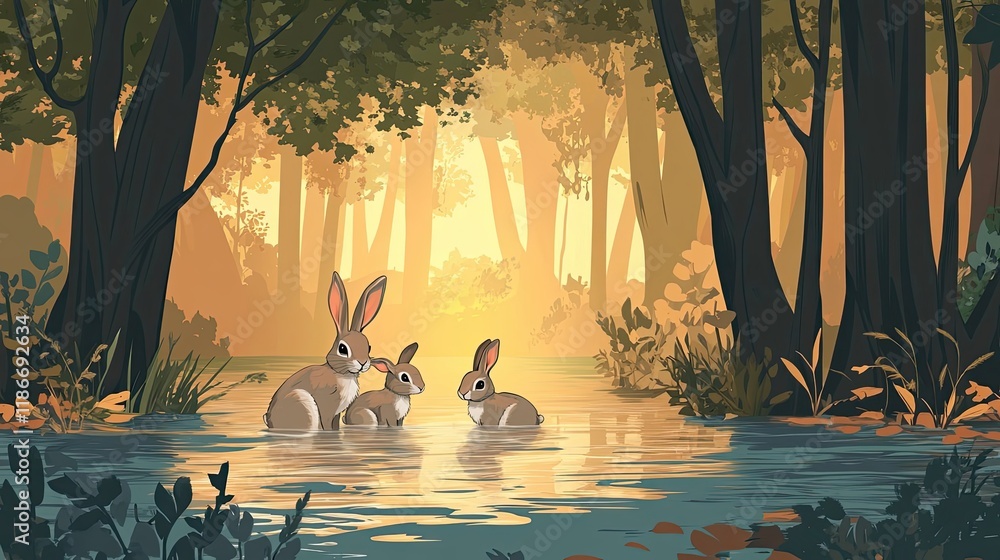 Poster three rabbits resting calmly in a forest stream at sunset