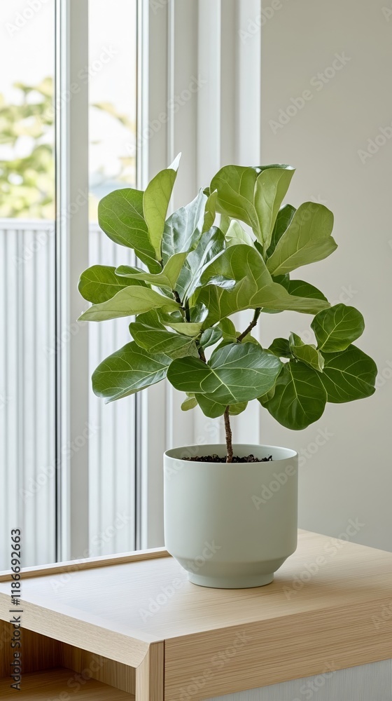 Poster a close up of glossy fiddle leaf fig leaves with soft sunlight streaming through a window highlighti