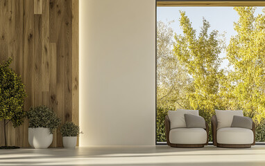 Modern interior design featuring green scenery and minimalistic furniture in bright space