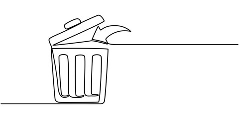 One continuous line drawing of metallic garbage container. Recycling waste dustbin in simple linear style. Trash box with opened, Continuous line drawing Trash can icon concept