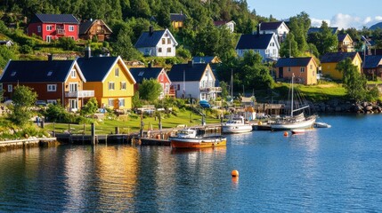 Fototapeta premium Colorful Coastal Village Houses Boats Calm Water Sunny Day Scenic View