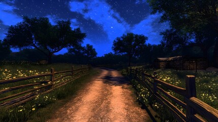 Serene Starry Blue Sky Over Peaceful Night Landscape with Trees