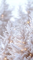 Fototapeta premium A cozy winter scene with snow covered pine trees warm glowing cabin lights and falling snowflakes ideal for seasonal background wallpapers 
