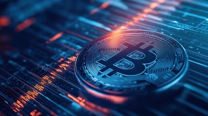 Striking visual representation of Bitcoin transactions, showcasing dynamic flow of digital currency through a futuristic network. Perfect for tech and finance themes.