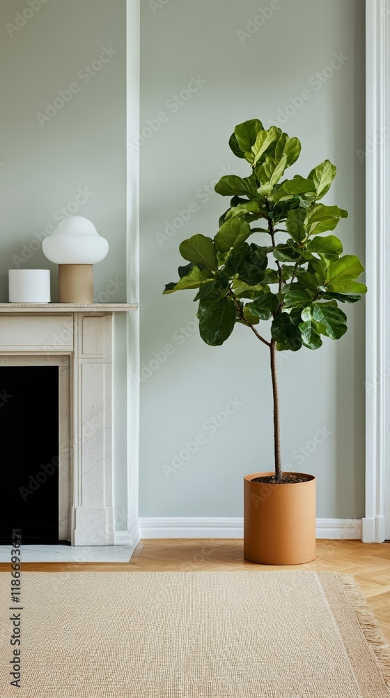 Poster a fiddle leaf fig tree framed by a luxurious fireplace with intricate details styled with a plush cr