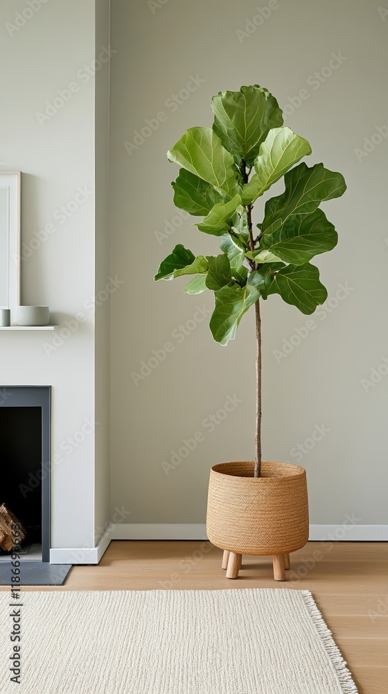 Poster a fiddle leaf fig tree framed by a luxurious fireplace with intricate details styled with a plush cr