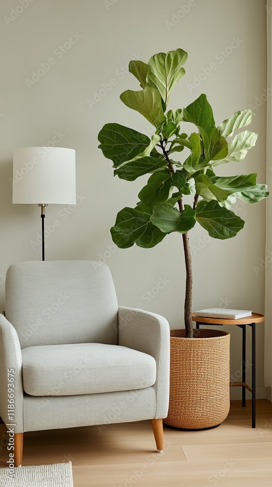 Poster a fiddle leaf fig tree in a chic woven planter styled in a tranquil reading nook with a modern armch