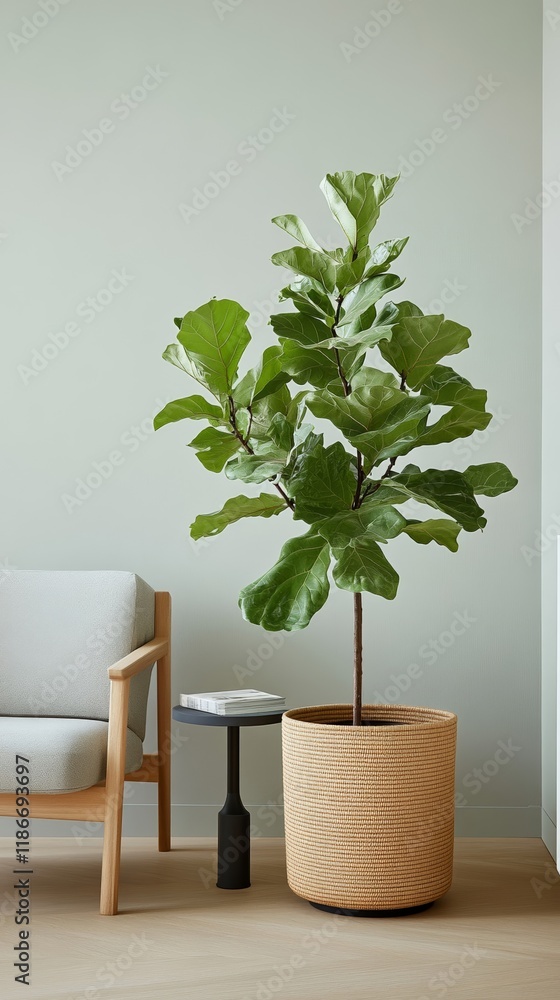 Poster a fiddle leaf fig tree in a chic woven planter styled in a tranquil reading nook with a modern armch