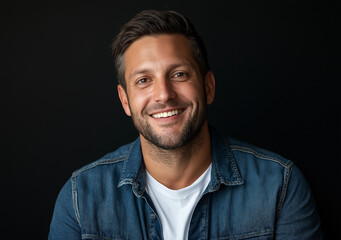 Fototapeta premium Portrait of a happy man in a denim shirt and white t-shirt, looking at the camera and smiling, isolated on a black background.