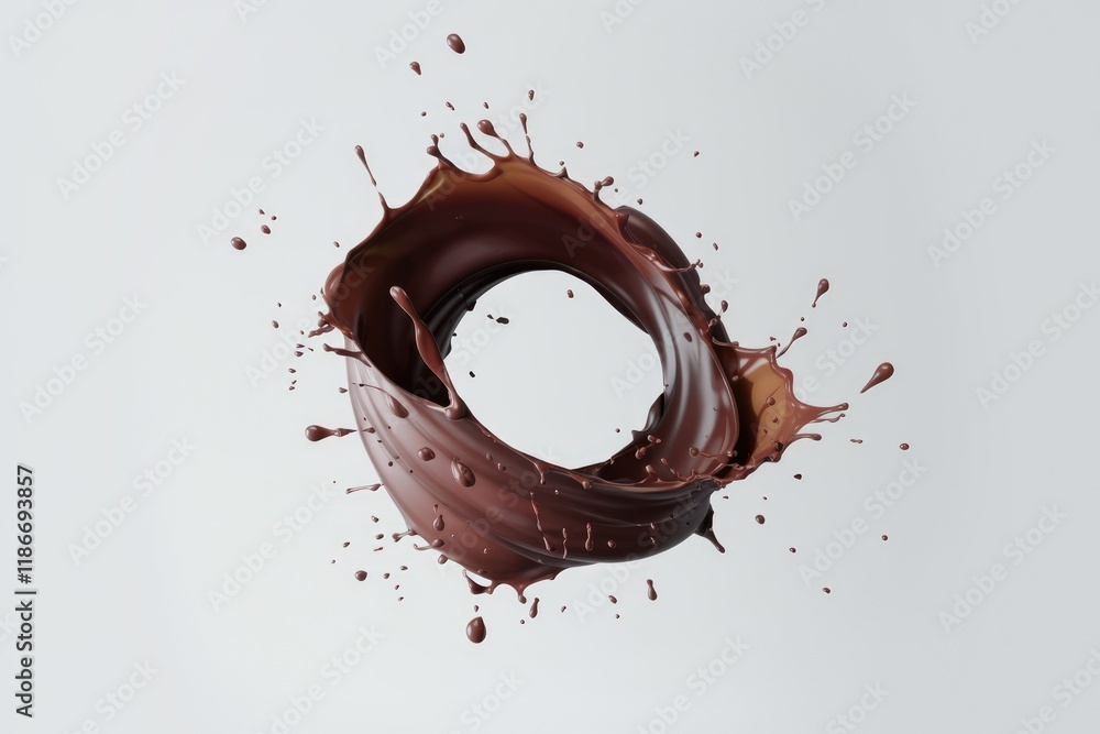 Poster a circular splash of rich, dark chocolate, showing texture and fluidity.