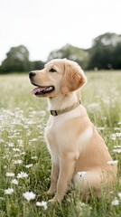 A fluffy golden retriever puppy sitting in a field of daisies with its tongue playfully sticking out and sunlight streaming in for an adorable scene 