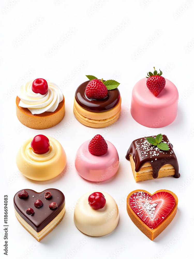 Poster Delicious Desserts Made Up Of Various Sweets Are Isolated Against A Pure White Background Creating A Visually Appealing Scene. 00001