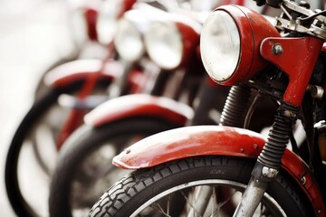 Fototapeta premium A group of red motorcycles parked side by side, ideal for transportation or event use