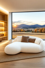 Cozy modern living space with stunning sunset views over serene landscape in autumn
