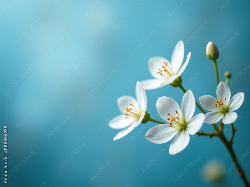 Poster delicate white macro flowers bloom against a blurred blue background with ample copy space for creat