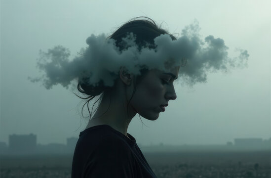 concept of depression and mental health. sad anxious girl in a stressed state - dark photo with a gray cloud hanging over her head