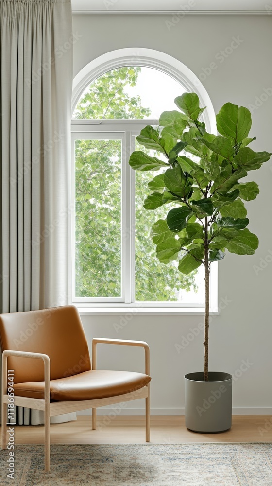 Poster a graceful fiddle leaf fig tree standing by an arched window with soft curtains complemented by a vi
