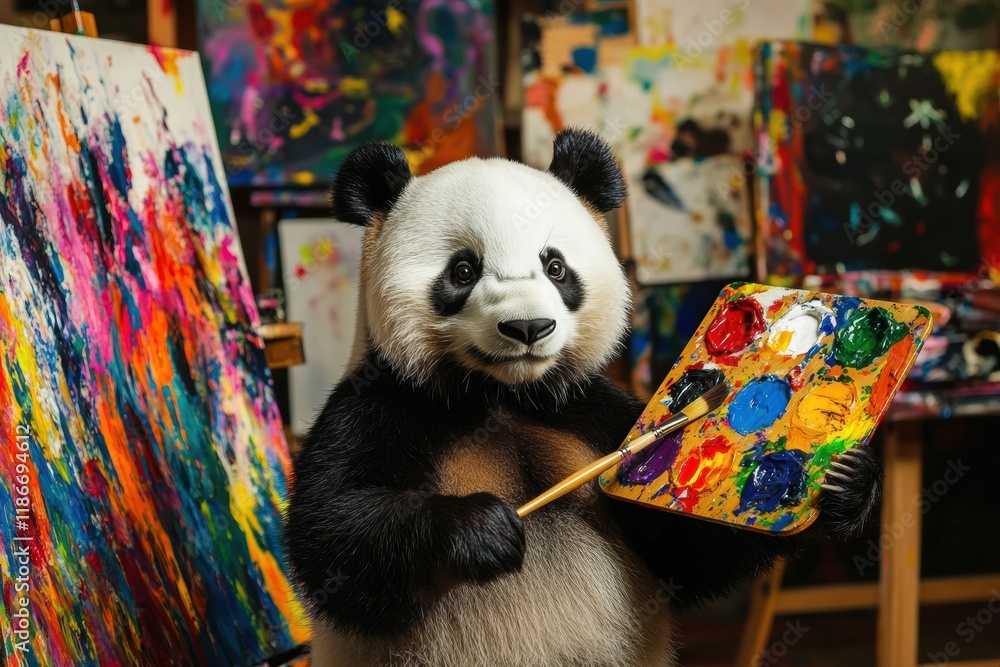 Aufkleber panda holds a paintbrush and palette in a colorful art studio filled with vibrant paintings and crea