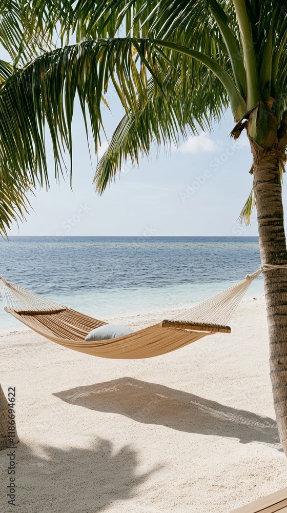 Poster a hammock tied between two coconut trees overlooking crystal clear waters and a pristine beach with 